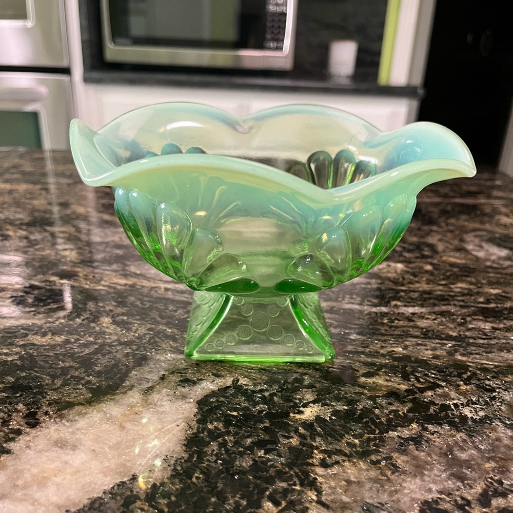 Antique Early 1900's Jefferson Opalescent Green Candy Bowl Dish